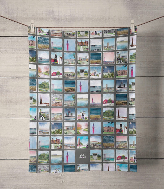 Lincolnshire Stamps Landscapes art tea towel by Vicki Shortt