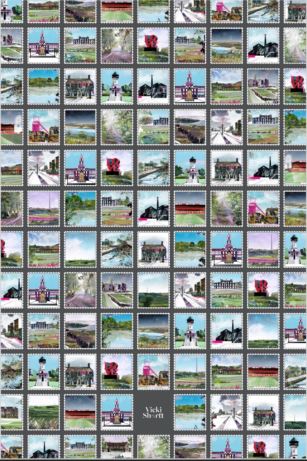 Barnsley Stamps Landscapes art tea towel by Vicki Shortt