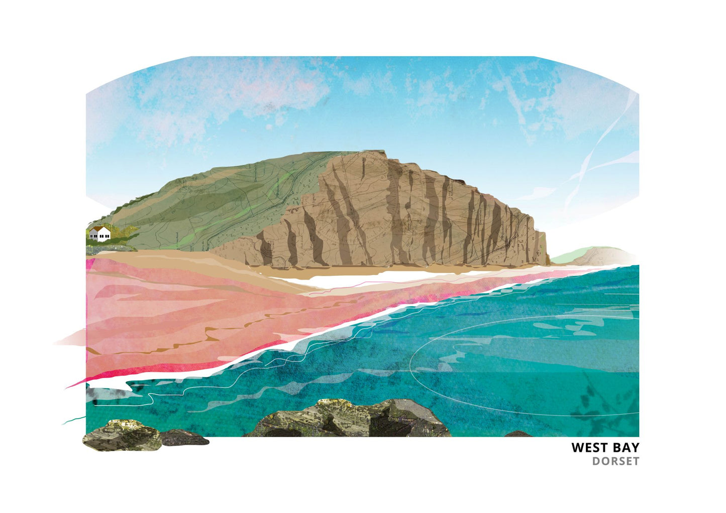 A stylised coastal landscape print showing a large brown cliff beside turquoise water and a pink shoreline, with the text 'WEST BAY DORSET' in the lower right on a white background.