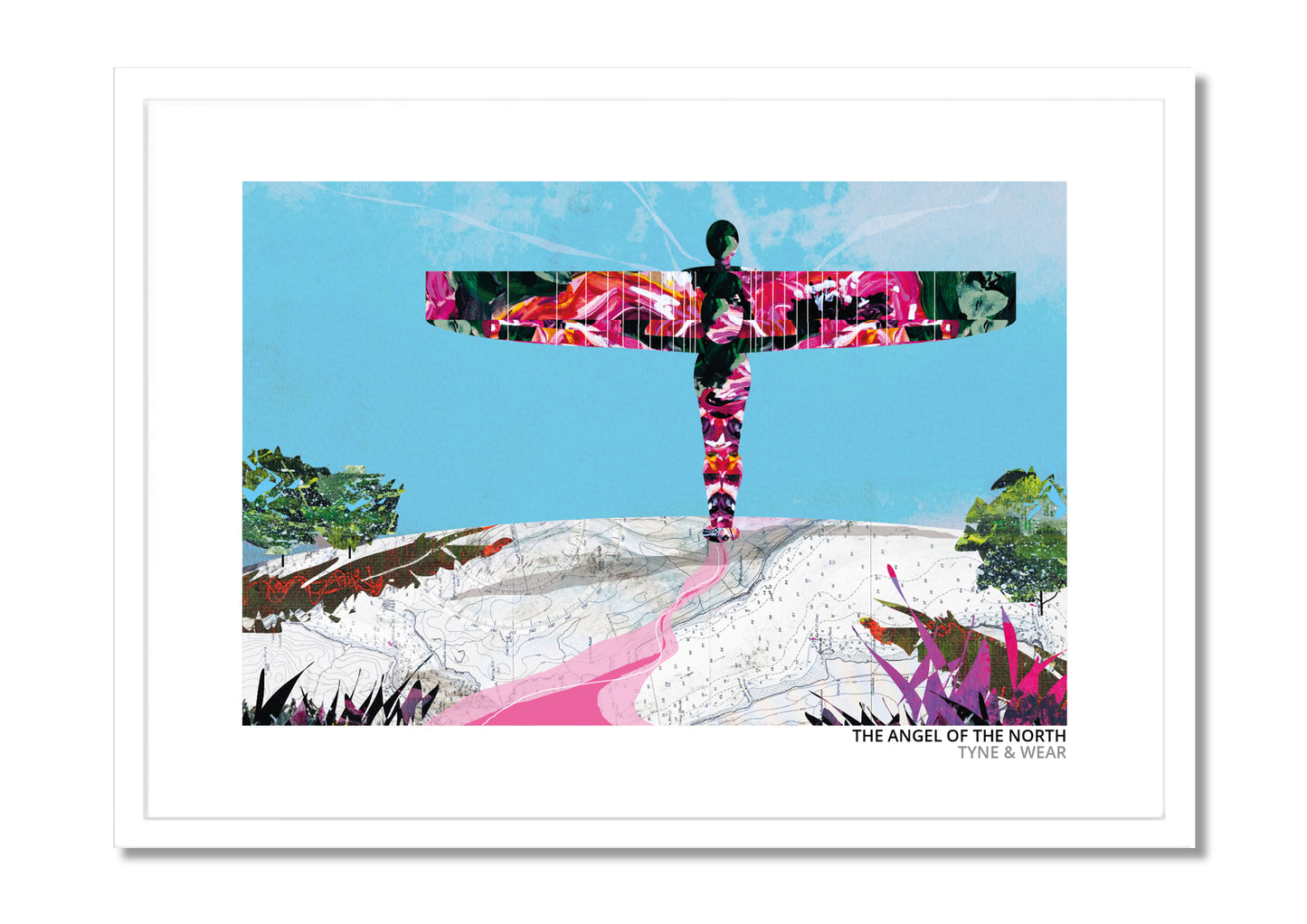 Angel of the North art print by Vicki Shortt, Antony Gormley's steel angel standing above Gateshead, in a white frame