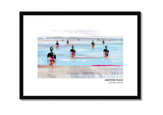 Another Place, Crosby Beach art print by Vicki Shortt, Antony Gormley's cast-iron figures standing on Crosby Beach, in a black frame