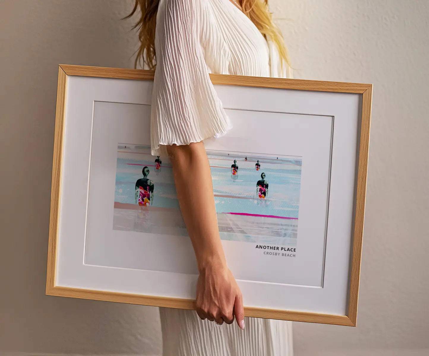 Another Place, Crosby Beach art print by Vicki Shortt, Antony Gormley's cast-iron figures standing on Crosby Beach, framed in a room setting