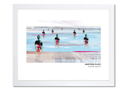 Another Place, Crosby Beach art print by Vicki Shortt, Antony Gormley's cast-iron figures standing on Crosby Beach, in a white frame