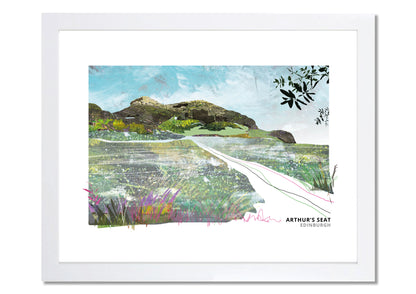 Arthur's Seat art print by Vicki Shortt, the extinct volcano rising above Edinburgh, in a white frame