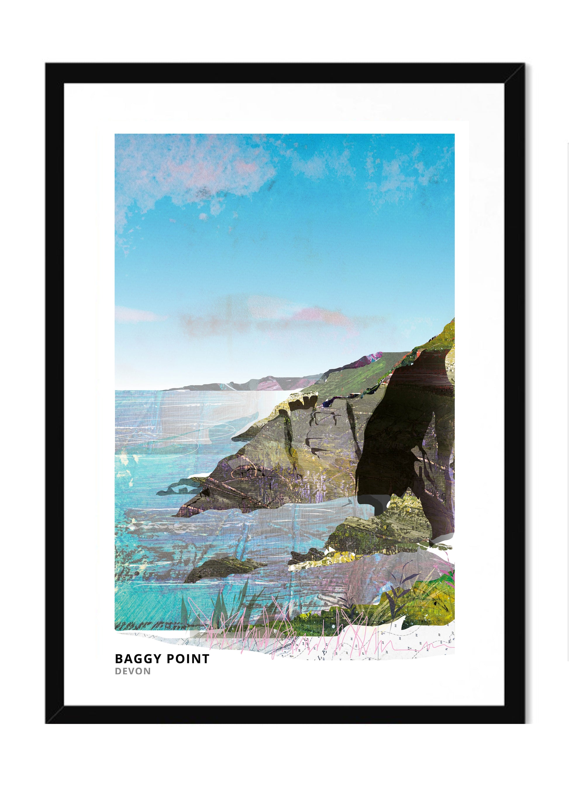 Baggy Point art print by Vicki Shortt, the headland above Croyde on the north Devon coast, in a black frame