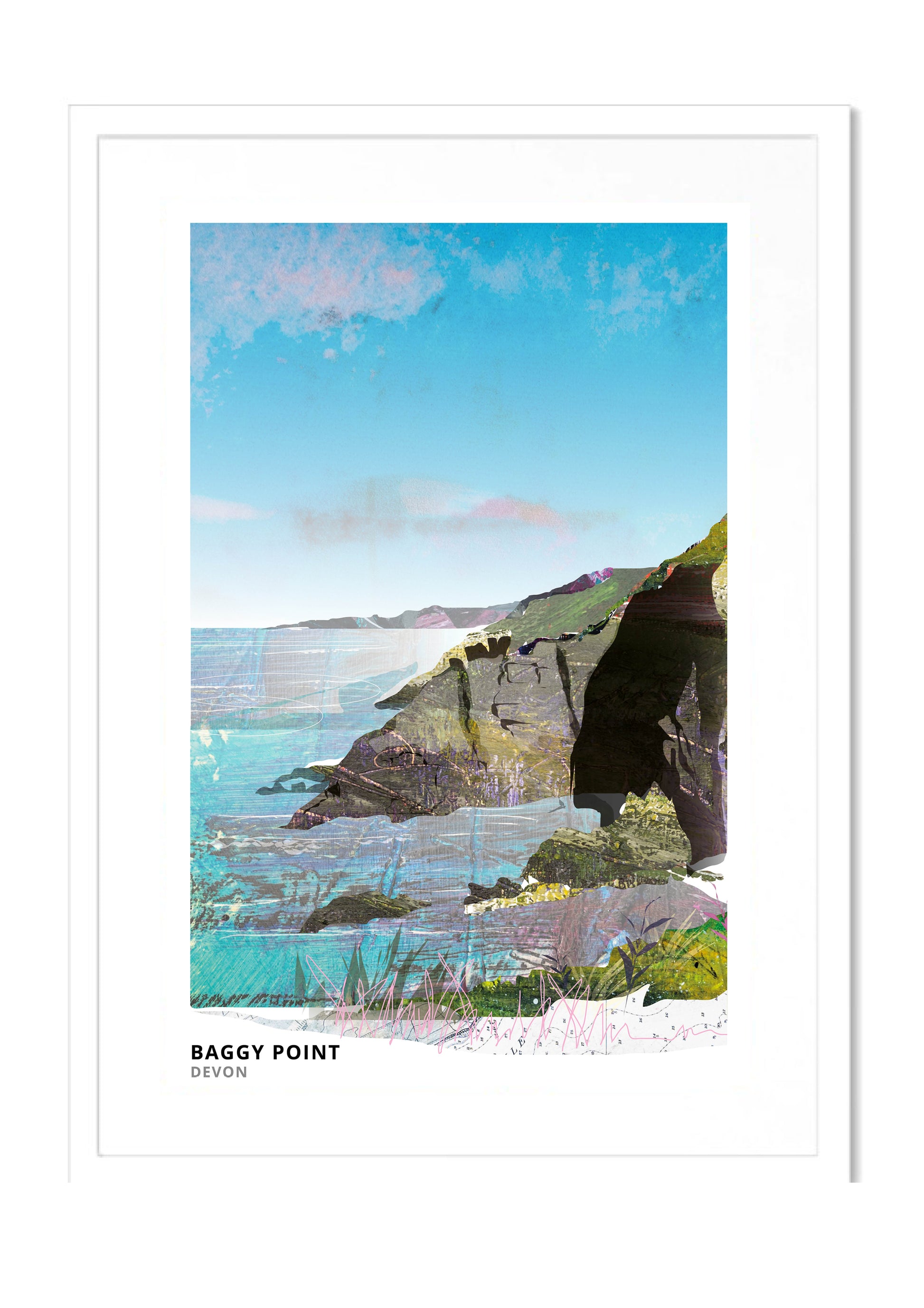 Baggy Point art print by Vicki Shortt, the headland above Croyde on the north Devon coast, in a white frame