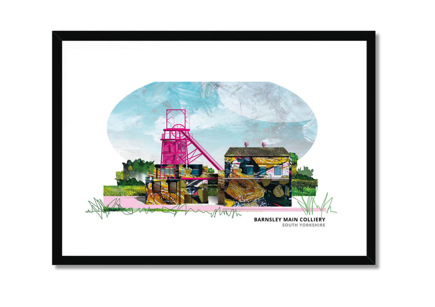 Barnsley Main Colliery art print by Vicki Shortt, the preserved pit headgear of the old colliery, in a black frame