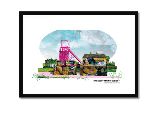 Barnsley Main Colliery art print by Vicki Shortt, the preserved pit headgear of the old colliery, in a black frame