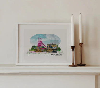 Barnsley Main Colliery art print by Vicki Shortt, the preserved pit headgear of the old colliery, framed in a room setting