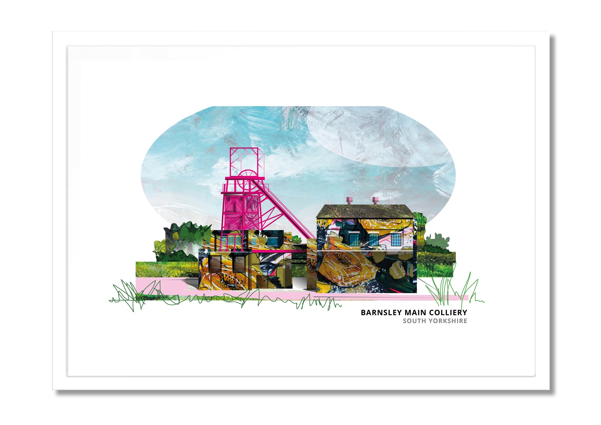 Barnsley Main Colliery art print by Vicki Shortt, the preserved pit headgear of the old colliery, in a white frame