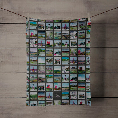 Barnsley stamps landscapes art tea towel by Vicki Shortt, a grid of postage-stamp illustrations of Barnsley landmarks