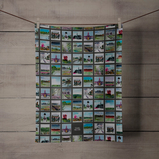 Barnsley stamps landscapes art tea towel by Vicki Shortt, a grid of postage-stamp illustrations of Barnsley landmarks