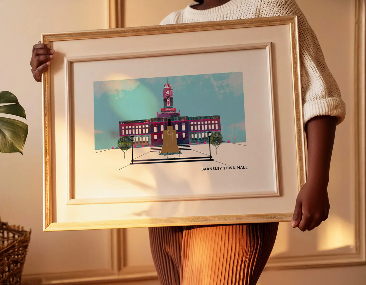 Barnsley Town Hall art print by Vicki Shortt, the Portland stone civic building in the town centre, framed in a room setting