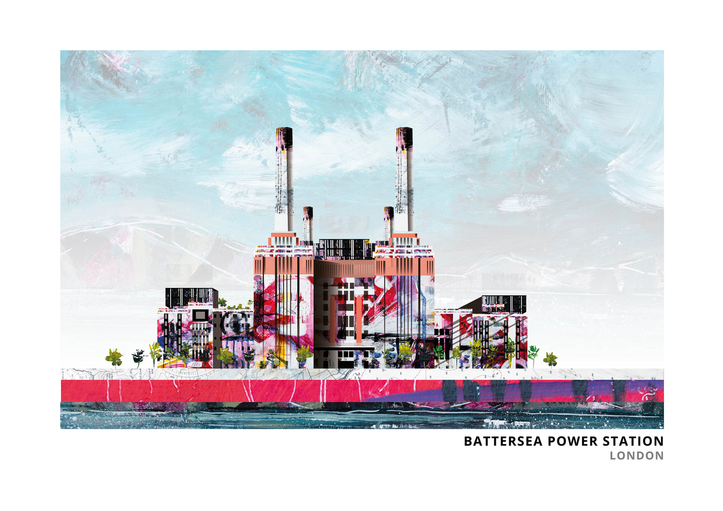 Battersea Power Station art print by Vicki Shortt, the four white chimneys of Battersea Power Station, London