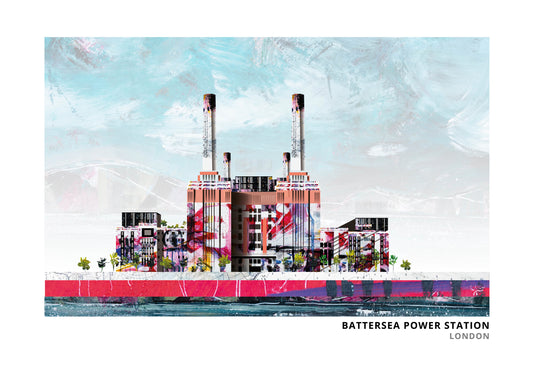 Battersea Power Station art print by Vicki Shortt, the four white chimneys of Battersea Power Station, London