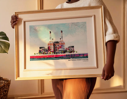 Battersea Power Station art print by Vicki Shortt, the four white chimneys of Battersea Power Station, London, framed in a room setting