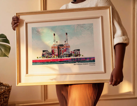 Battersea Power Station art print by Vicki Shortt, the four white chimneys of Battersea Power Station, London, framed in a room setting