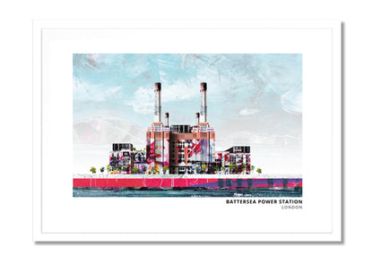Battersea Power Station art print by Vicki Shortt, the four white chimneys of Battersea Power Station, London, in a white frame