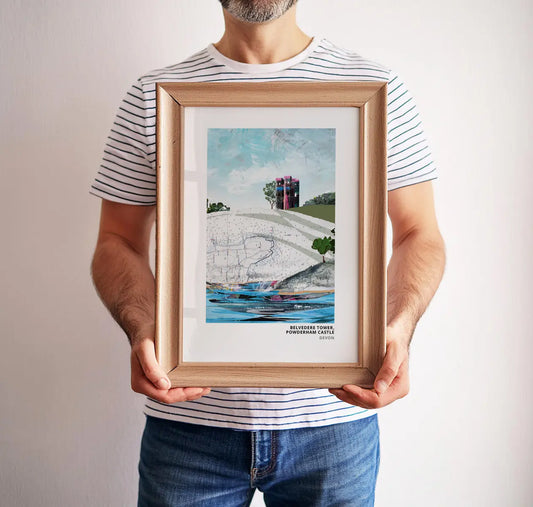 Belvedere Tower art print by Vicki Shortt, the folly tower on the Powderham Castle estate, Devon, framed in a room setting