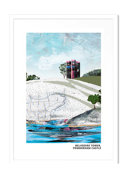 Belvedere Tower art print by Vicki Shortt, the folly tower on the Powderham Castle estate, Devon, in a white frame