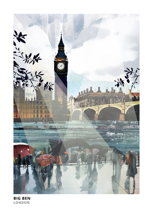Big Ben art print by Vicki Shortt, the Elizabeth Tower and its clock face beside the Thames in London