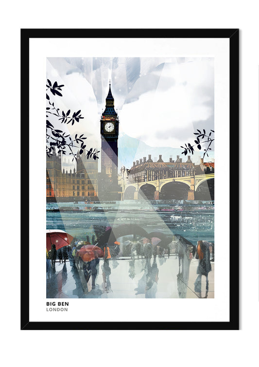 Big Ben art print by Vicki Shortt, the Elizabeth Tower and its clock face beside the Thames in London, in a black frame