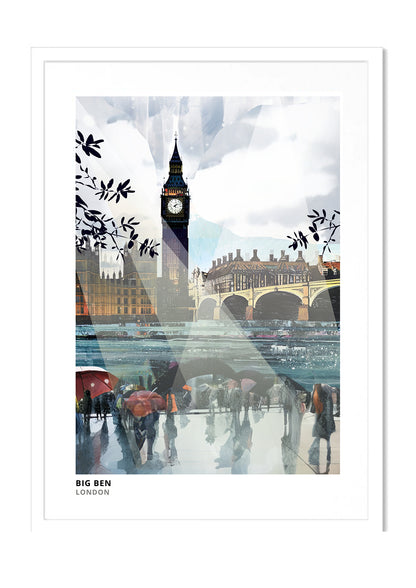 Big Ben art print by Vicki Shortt, the Elizabeth Tower and its clock face beside the Thames in London, in a white frame