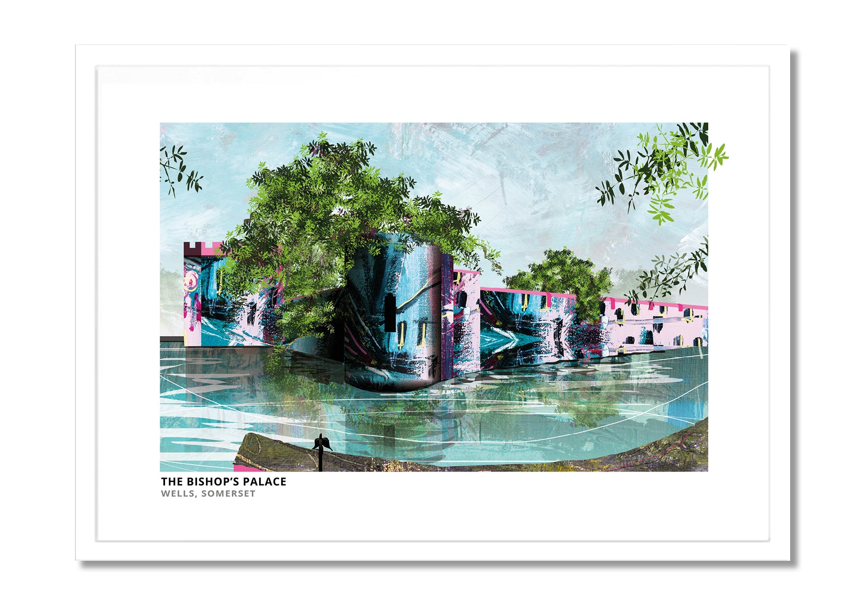 Bishop's Palace, Wells art print by Vicki Shortt, the moated palace beside the cathedral, in a white frame