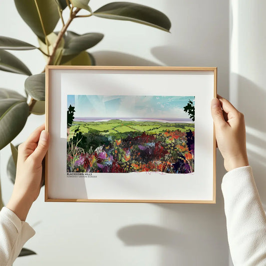 Blackdown Hills art print by Vicki Shortt, the rolling hills on the Somerset and Devon border, Blackdown Hills I design, framed in a room setting
