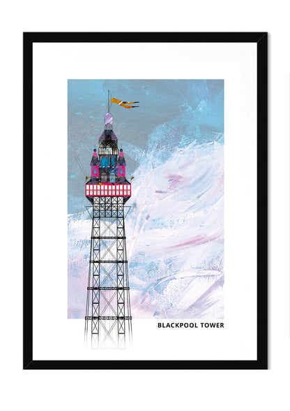 Blackpool Tower art print by Vicki Shortt, the tower rising above the Blackpool seafront, Lancashire, in a black frame