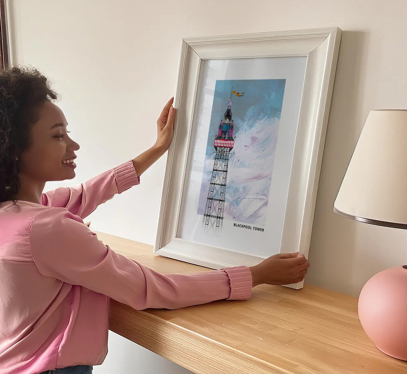 Blackpool Tower art print by Vicki Shortt, the tower rising above the Blackpool seafront, Lancashire, framed in a room setting