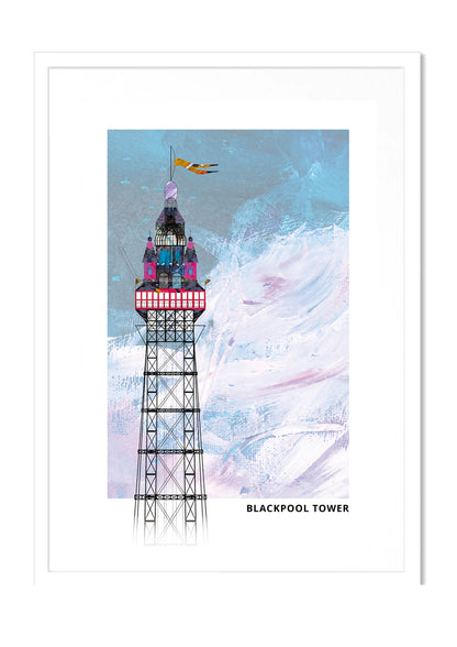 Blackpool Tower art print by Vicki Shortt, the tower rising above the Blackpool seafront, Lancashire, in a white frame
