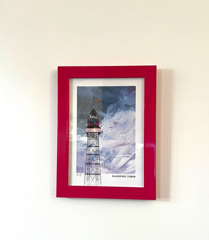 Blackpool Tower seconds framed artwork by Vicki Shortt, the tower rising above the Blackpool seafront, Lancashire, shown framed on a wall