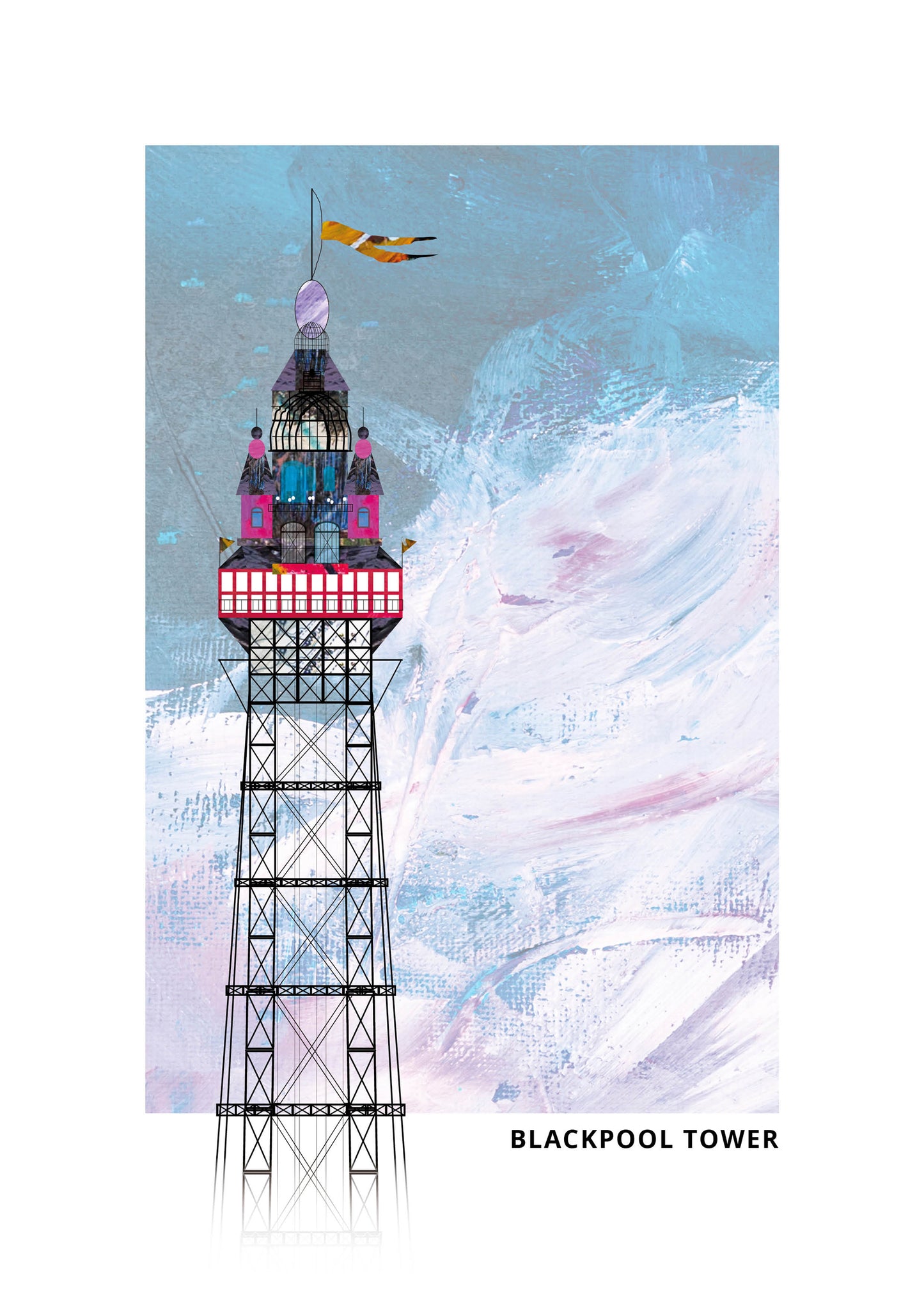 A stylised art print of the Blackpool Tower, featuring a detailed illustration of the tower against a textured, painterly background of light blue, white, and lavender hues. The text 'BLACKPOOL TOWER' is printed in black at the bottom right.
