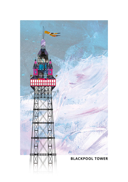 A stylised art print of the Blackpool Tower, featuring a detailed illustration of the tower against a textured, painterly background of light blue, white, and lavender hues. The text 'BLACKPOOL TOWER' is printed in black at the bottom right.