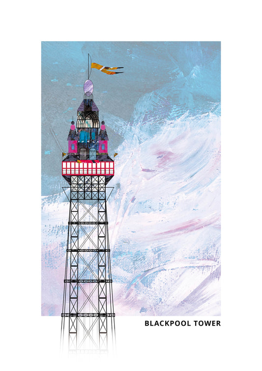 A stylised art print of the Blackpool Tower, featuring a detailed illustration of the tower against a textured, painterly background of light blue, white, and lavender hues. The text 'BLACKPOOL TOWER' is printed in black at the bottom right.