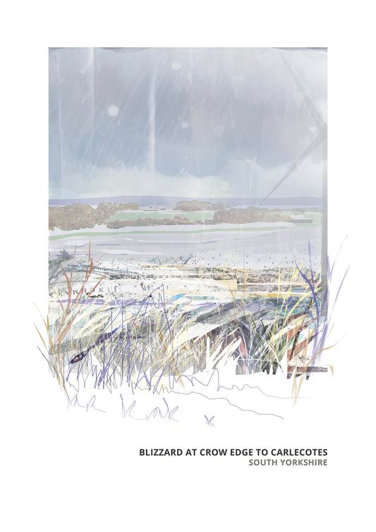 Blizzard at Crow Edge art print by Vicki Shortt, a snowstorm over the moors between Crow Edge and Carlecotes, South Yorkshire