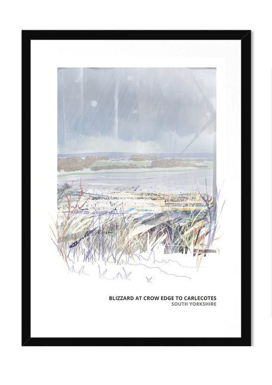 Blizzard at Crow Edge art print by Vicki Shortt, a snowstorm over the moors between Crow Edge and Carlecotes, South Yorkshire, in a black frame