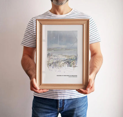 Blizzard at Crow Edge art print by Vicki Shortt, a snowstorm over the moors between Crow Edge and Carlecotes, South Yorkshire, framed in a room setting