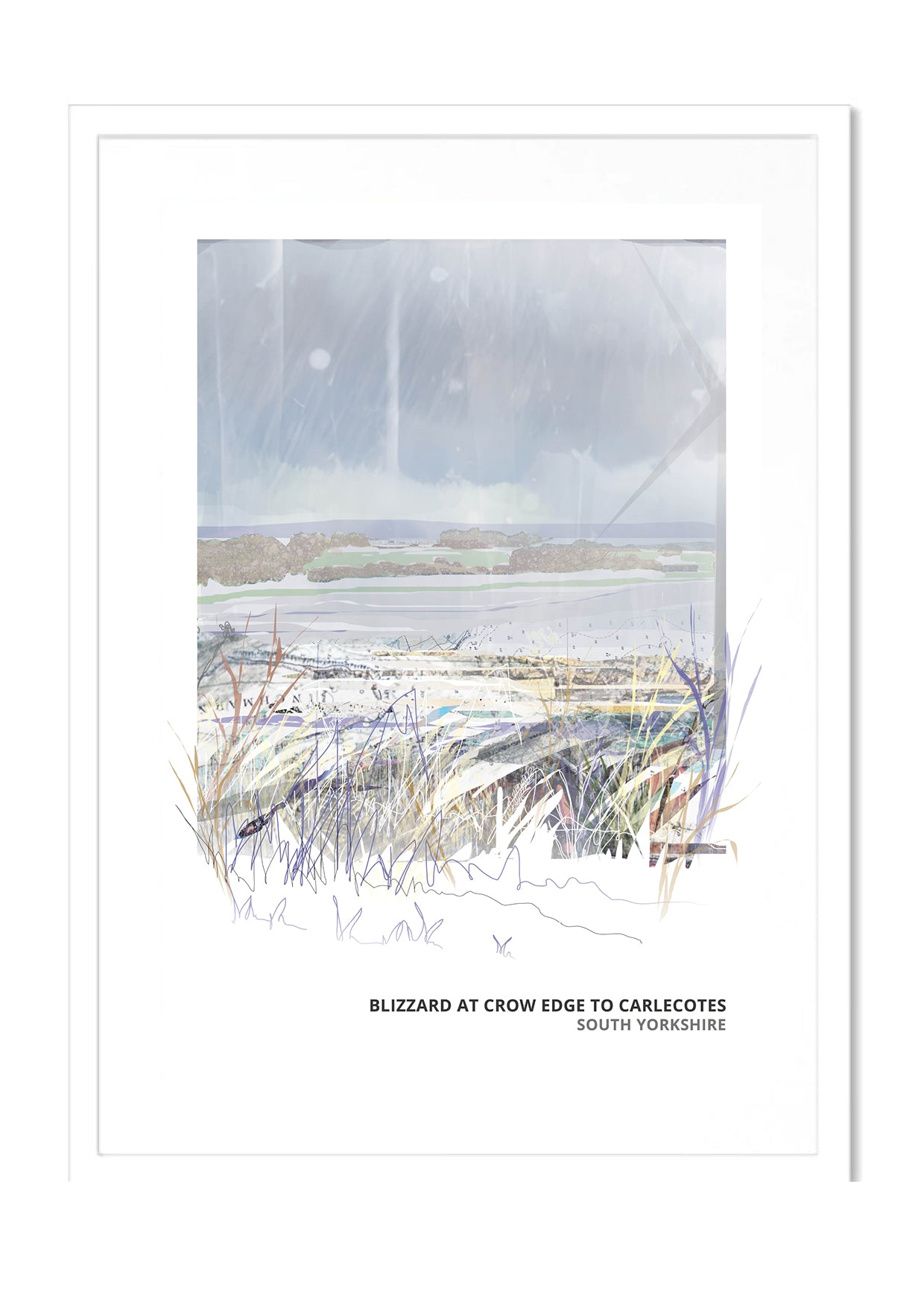 Blizzard at Crow Edge art print by Vicki Shortt, a snowstorm over the moors between Crow Edge and Carlecotes, South Yorkshire, in a white frame