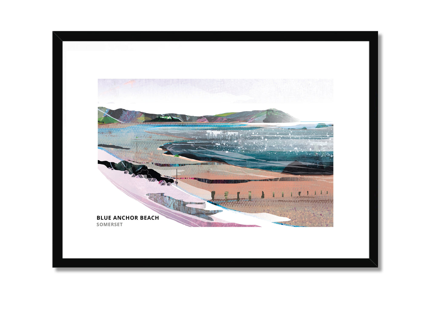Blue Anchor Beach art print by Vicki Shortt, the beach and bay at Blue Anchor, Somerset, in a black frame