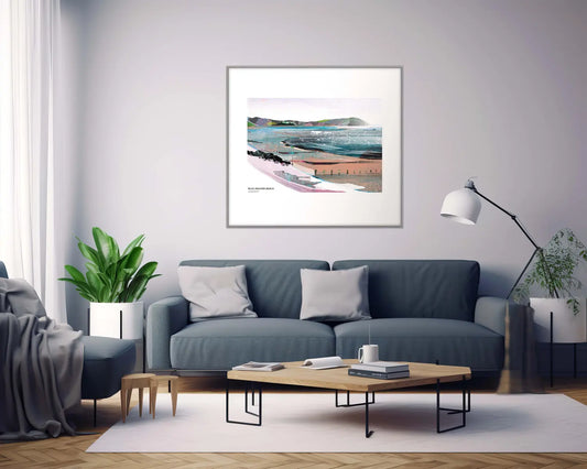 Blue Anchor Beach art print by Vicki Shortt, the beach and bay at Blue Anchor, Somerset, framed in a room setting