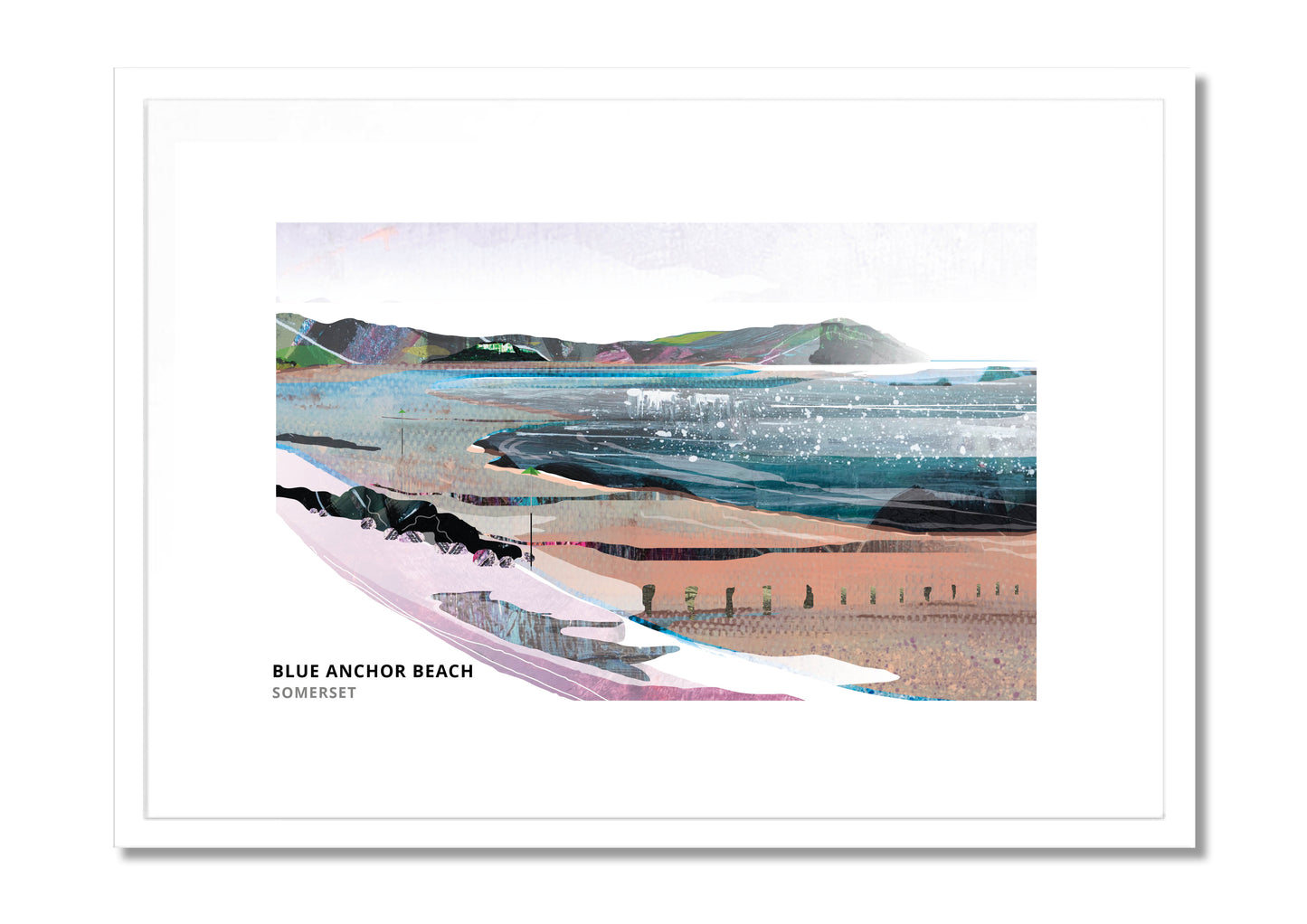 Blue Anchor Beach art print by Vicki Shortt, the beach and bay at Blue Anchor, Somerset, in a white frame