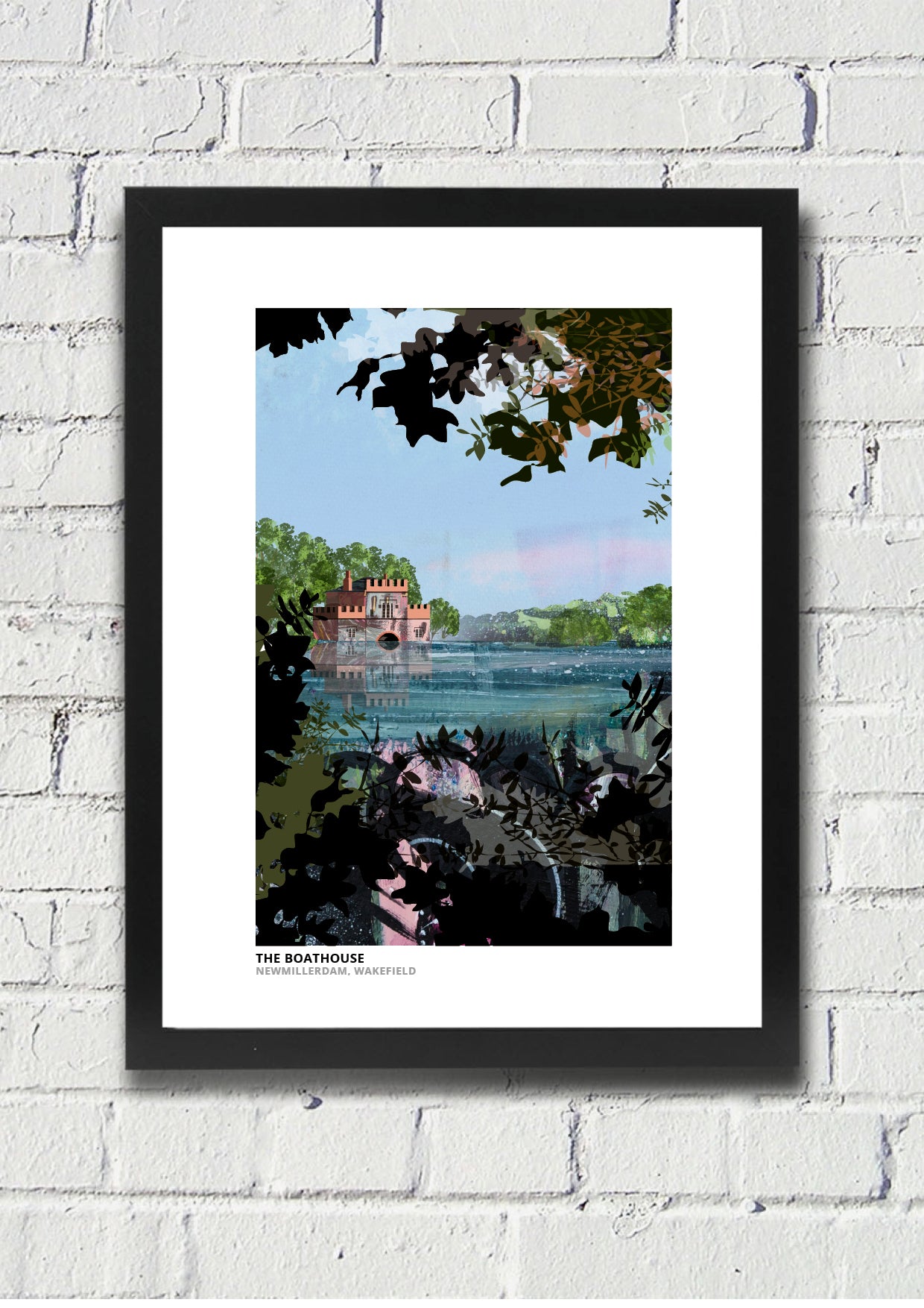 Boathouse Newmillerdam art print by Vicki Shortt, the boathouse on the lake at Newmillerdam, Wakefield, in a black frame