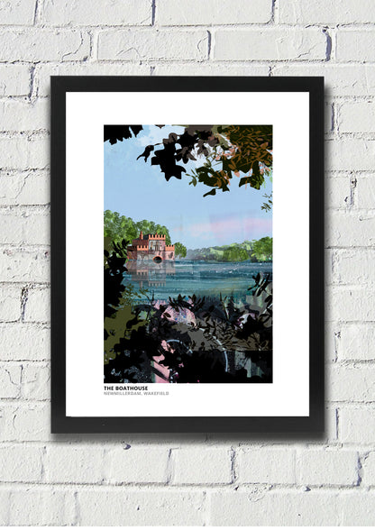 Boathouse Newmillerdam art print by Vicki Shortt, the boathouse on the lake at Newmillerdam, Wakefield, in a black frame