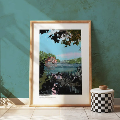 Boathouse Newmillerdam art print by Vicki Shortt, the boathouse on the lake at Newmillerdam, Wakefield, framed in a room setting