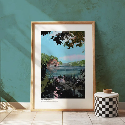 Boathouse Newmillerdam art print by Vicki Shortt, the boathouse on the lake at Newmillerdam, Wakefield, framed in a room setting