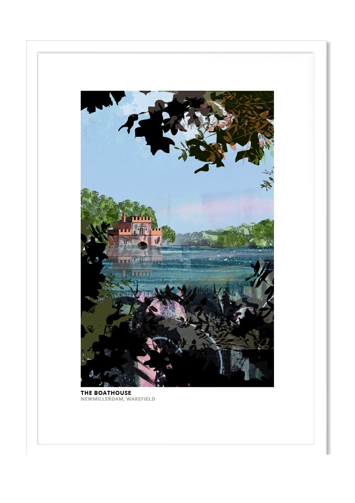 Boathouse Newmillerdam art print by Vicki Shortt, the boathouse on the lake at Newmillerdam, Wakefield, in a white frame