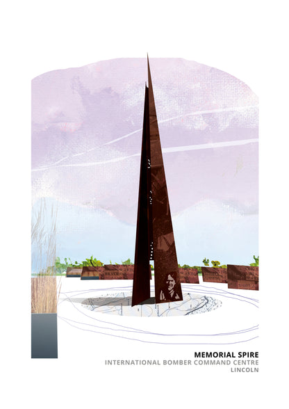 Bomber Command art print by Vicki Shortt, the memorial spire at the International Bomber Command Centre, Lincoln