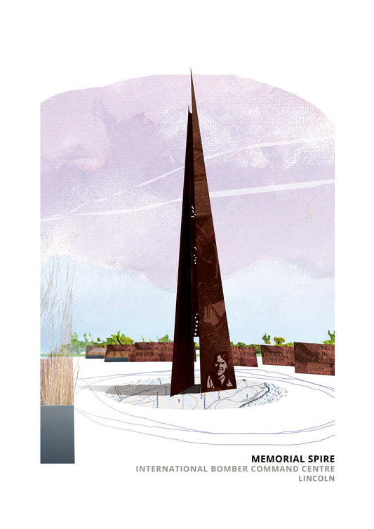 Bomber Command art print by Vicki Shortt, the memorial spire at the International Bomber Command Centre, Lincoln